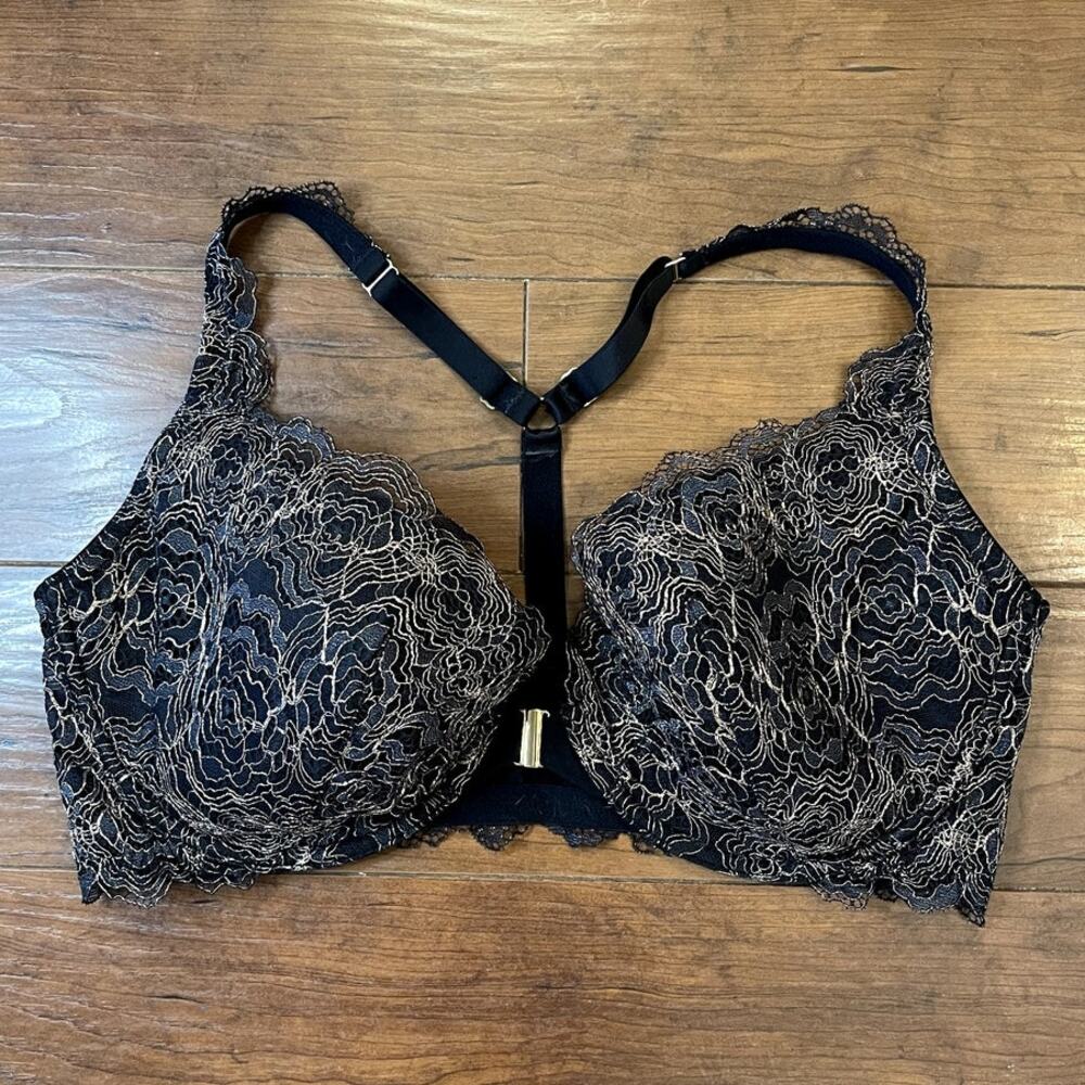 Cacique Plunge Bra 44DD Black Lace Racerback Front Closure Underwire